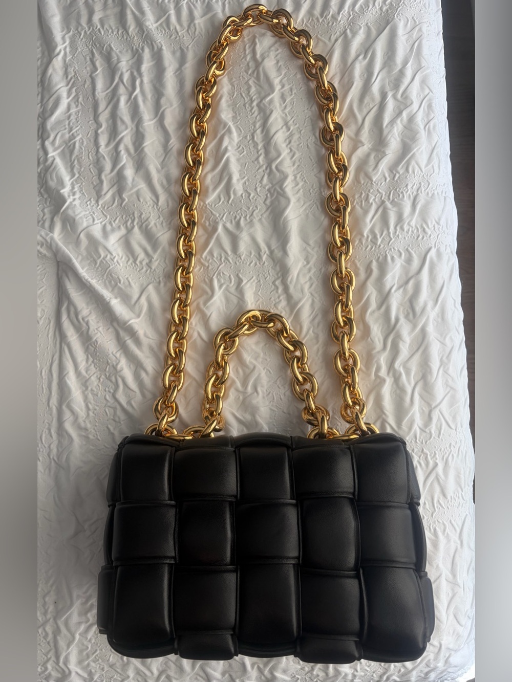 Bottega Veneta Black Quilted Leather Shoulder Bag with Gold Chain